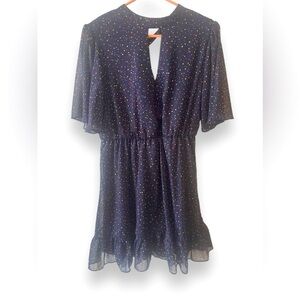 Allison & Kelly Mini Dress Womens Large Polka Dot Navy Keyhole Ruffle Sleeves